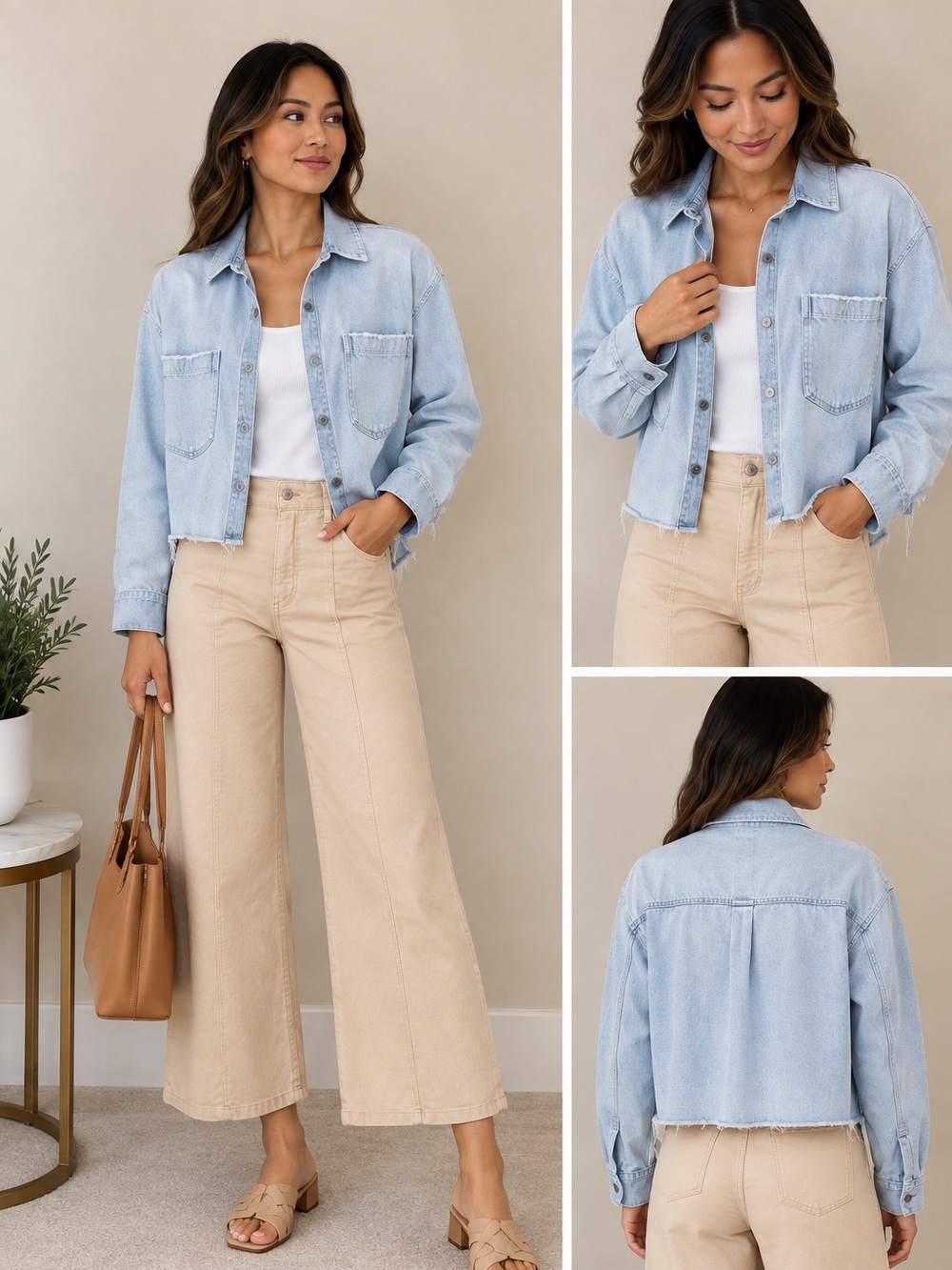 American Eagle Light Wash Cropped Denim Shirt Raw Hem Size M